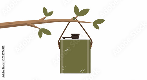 A green flask hangs from a tree branch with a few leaves
