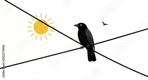 A black bird perched on wires beneath a yellow sun and another bird in flight