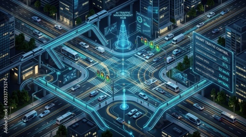 Smart city AI traffic management visualization, connected mobility, adaptive control and urban efficiency concept for enterprise infrastructure, autonomous systems and public data intelligence,