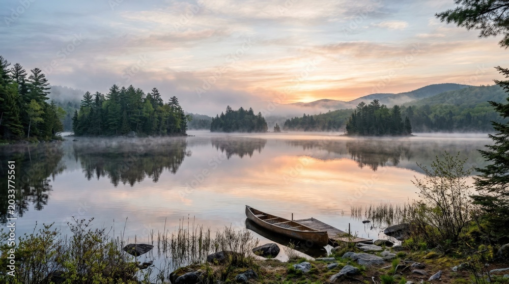 Obraz premium Spring morning over a lake with islands in Maine with low mist, tranquil nature landscape and travel destination concept, serene water reflections, soft dawn light, pine forest atmosphere, peaceful