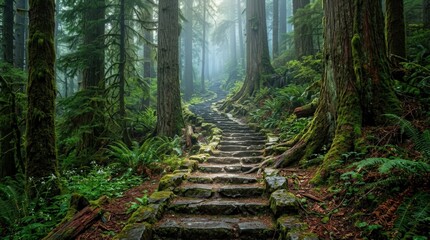 Staircase in the forest, surreal architectural path through nature for travel, fantasy, self discovery and conceptual landscape themes, soft greenery, mysterious ascent, atmospheric perspective,