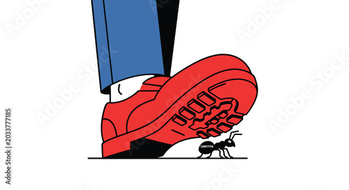 A stylized illustration of a person's leg in blue trousers and a red shoe steps firmly on a small black ant labeled competitor on a clean white surface.