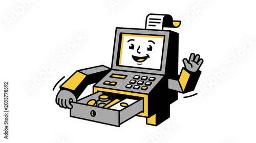 Smiling Cartoon Cash Register Machine Character.