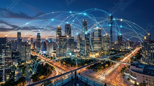 Wireless network and connection city concept, glowing data links over a modern skyline, smart communication systems and digital infrastructure in a clean futuristic urban scene, luminous accents,