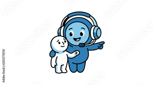 Blue character with headphones and friend.