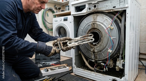 Service worker pulling out heating element of washing machine, appliance repair concept for home maintenance, diagnostics, technical service and replacement of worn parts, close up practical scene,