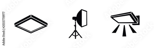 Bild auf Leinwand Studio Lighting Icons: Softbox, Ring Light, and Spotlight