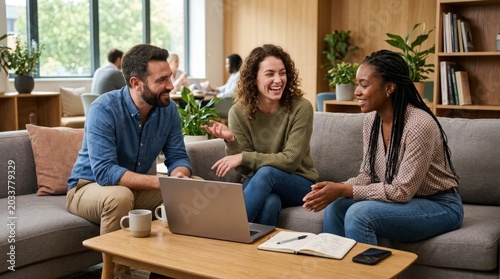Relaxed office lounge conversation between colleagues over a laptop, casual teamwork and workplace culture concept with soft seating, modern interior and collaborative mood, natural light, realistic