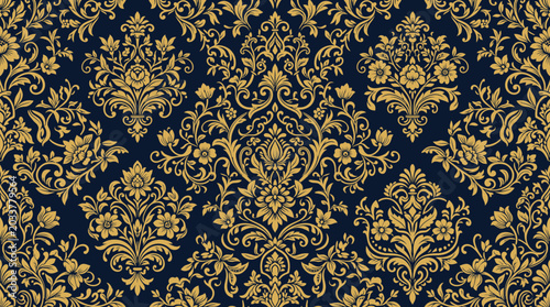 Photos Intricate gold damask pattern on black background.
