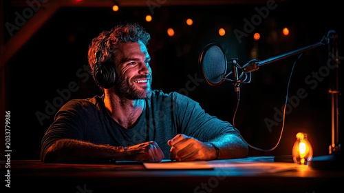 Enthusiastic male broadcaster wearing headphones smiles while recording audio in a dimly lit  setting