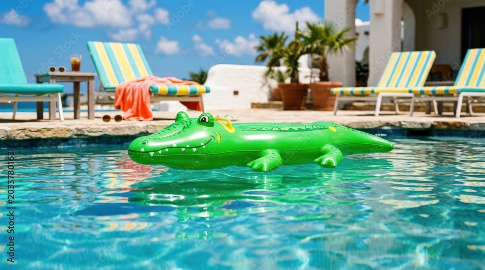 Obraz premium Crocodile-shaped floaty in a pool with playful summer mood, quirky vacation still life with colorful water reflections and casual leisure appeal, strong commercial value for travel, poolside fun and