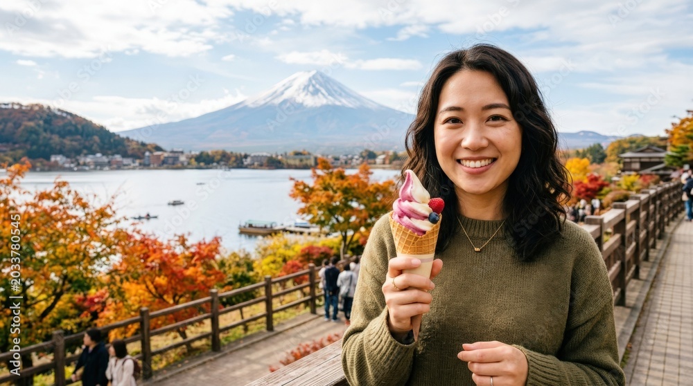 Fototapeta premium Mixed berry and vanilla soft ice cream cone in an Asian woman’s hand with Mount Fuji and Lake Kawaguchiko in autumn, cheerful travel dessert portrait polished modern mood, soft natural light,