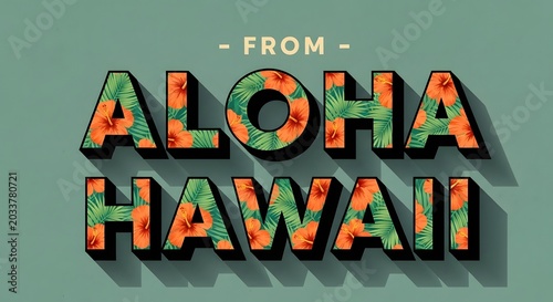 From aloha hawaii text design with tropical hibiscus flower and palm leaf pattern