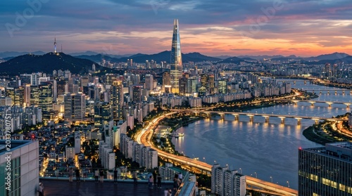 Seoul city skyline at dusk with modern high-rise buildings, urban growth, travel and business district concept for tourism campaigns and editorial city storytelling for business branding and modern