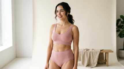 Woman in pink underwear with subtle textured fabric and elegant body lines, clean beauty styling, toned silhouette and modern body confidence concept, minimal studio background, soft natural light,