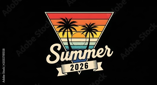 Retro vintage summer 2026 graphic design with palm trees and sunset on black background