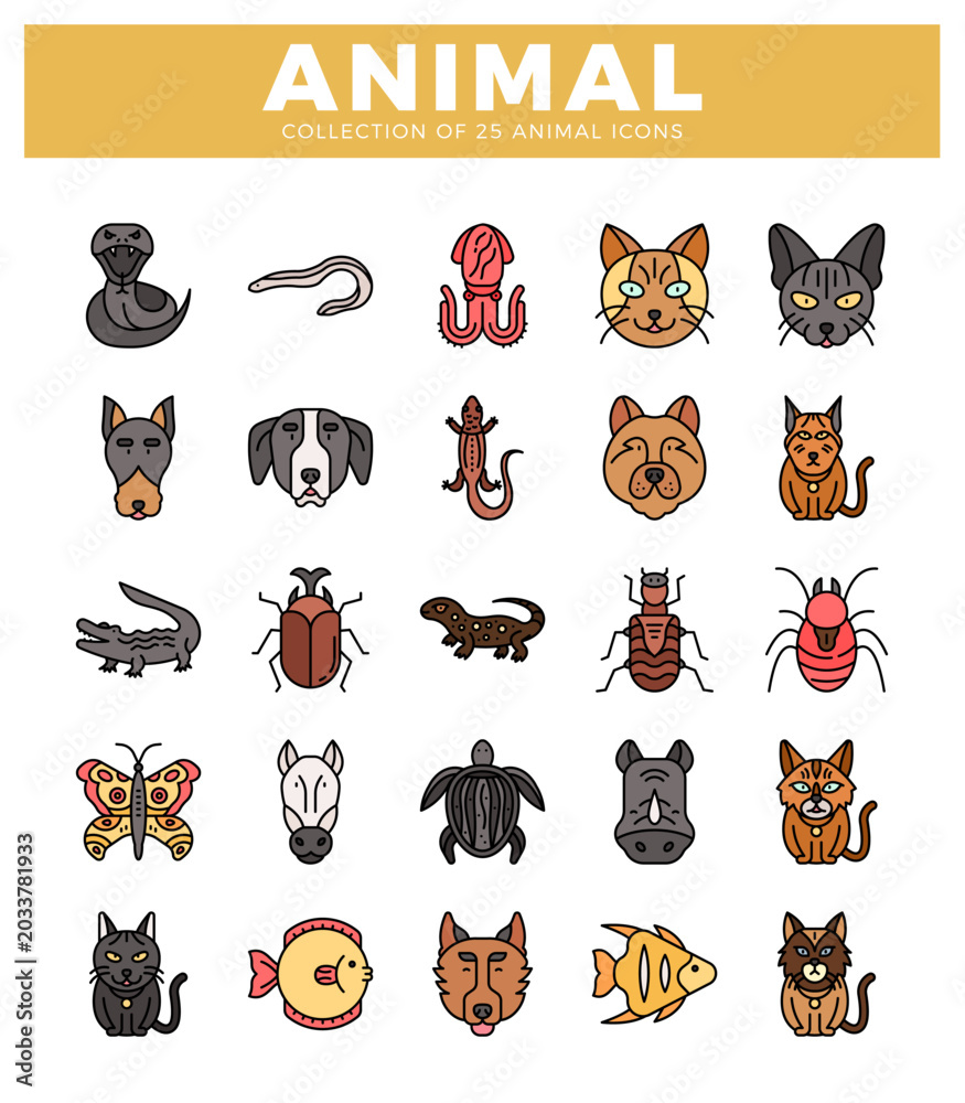 Fototapeta premium animal icons set on a white background. Flat icons in a grid layout feature a snake. worm. octopus. cat. dog. lizard. alligator. beetle. butterfly. horse. turtle. rhino. fish.