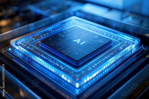 Close-up of AI Chip: Blue-Glowing Circuit Board with AI Label
