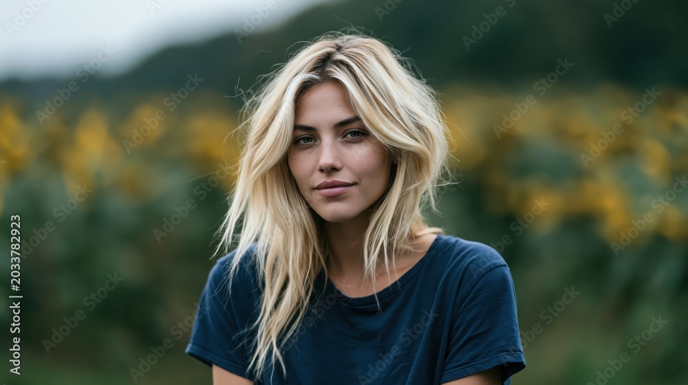 Naklejka premium Portrait of a Young Blonde Woman with Freckles Outdoors in a Natural Field Setting at Twilight