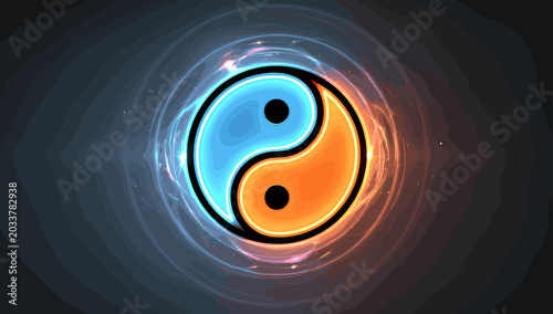 Εκτύπωση καμβά Vibrant glowing Yin Yang symbol with blue and orange energy against an abstract fractal background