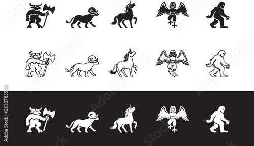 Foto Fantasy monsters icon collection including minotaur unicorn bigfoot and winged c