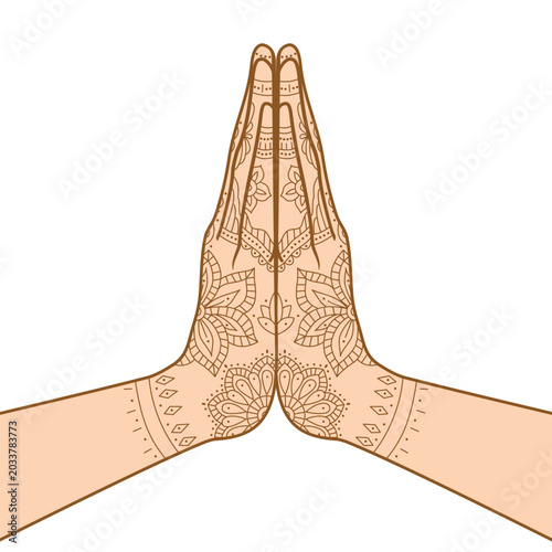 Mudra Namaste. Ornate hands folded in a welcome gesture. Mehendi - henna ornament on body. Vector illustration isolated on a white background
