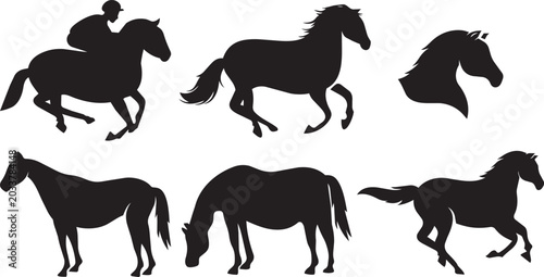 Bild auf Leinwand Black horse silhouettes collection with running stallions and equestrian jockey