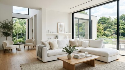 White living room interior with white sofa and coffee table, clean minimalist home design for architecture, real estate, furniture and luxury lifestyle visuals, bright open space, elegant styling,