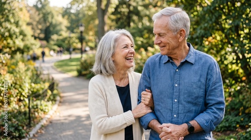 Senior couple walking in autumn park. Happy woman and man laughing while taking a stroll. Retirement lifestyle, mature love, healthy aging, togetherness and romance in golden years.
