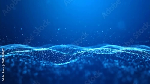 Abstract digital wave background with flowing particles and bright blue color