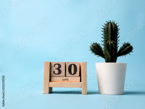 Cuadro en lienzo A wooden block calendar for June thirtieth with a plastic cactus plant on the side on a light blue background