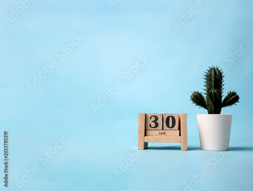 фотографія A wooden block calendar for June thirtieth with a plastic cactus plant on the side on a light blue background