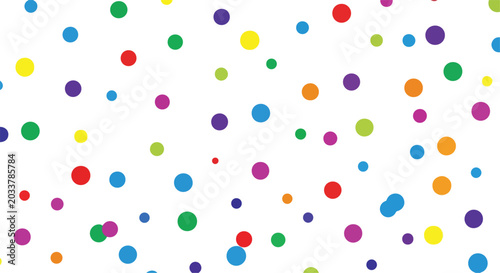 Colorful polka dot pattern background, vibrant rainbow confetti circles on white, festive abstract dot vector illustration for party celebration