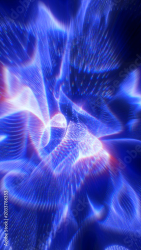 Abstract blue digital vortex tunnel with flowing particle lines, futuristic warp speed background for technology and cyberspace themes