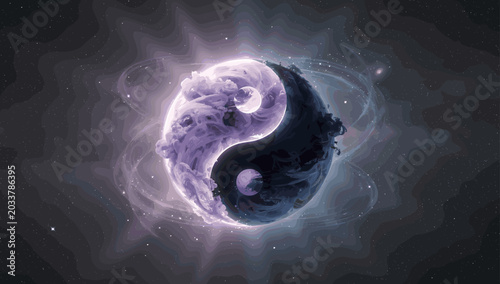 Cuadro en lienzo A glowing, ethereal Yin and Yang symbol with smoky purple and dark blue halves, set against a cosmic, nebulous background, representing balance and harmony