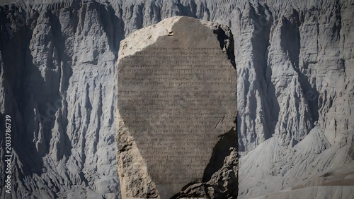 A powerful ancient law tablet filling the foreground as the primary symbol of solemn truth, set before an austere mountain wall marked by time and erosion, controlled directional light emphasizing eng