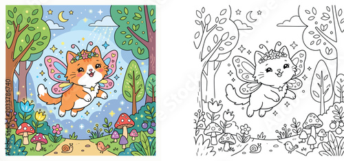 Fotografie Cute fairy cat flying in fantasy forest with mushrooms and stars, colorful illus
