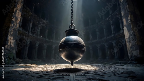 A monumental pendulum engraved with sacred law swinging above a stone floor marked by circles of judgment, symbolizing the relentless gravity and inevitability of moral command, inside a vast timeworn