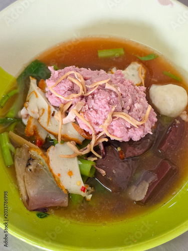 (Yen-Ta-Four) - Thai Style Noodle with assorted tofu and fish ball in Red Soup - Asian food style
