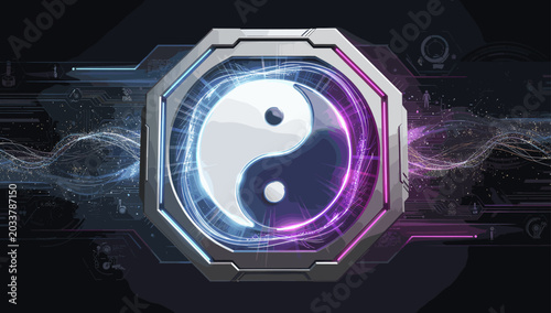 Принти на полотні A glowing Yin Yang symbol encased in a futuristic octagonal metallic frame, surrounded by abstract blue and purple energy waves on a dark background