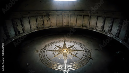 A monumental floor compass whose cardinal arms are inscribed with sacred law instead of directions, representing the law as the orienting center of conscience and decision, inside a deserted navigatio