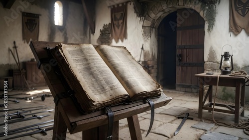 A law manuscript opened on a guardpost lectern where civic duty and sacred command intersect, overlooking a fortified gate interior with watch tools, banners, and quiet emptiness before the day begins