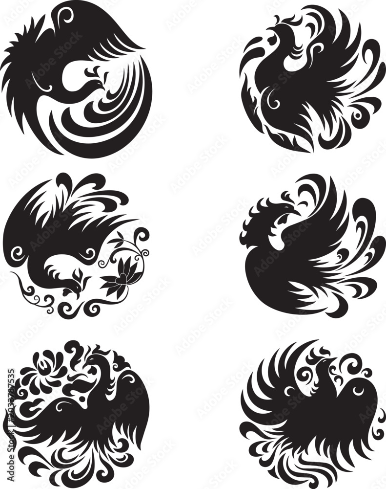 Obraz premium Ornate black phoenix and rooster circular logo set featuring traditional asian style line art silhouettes