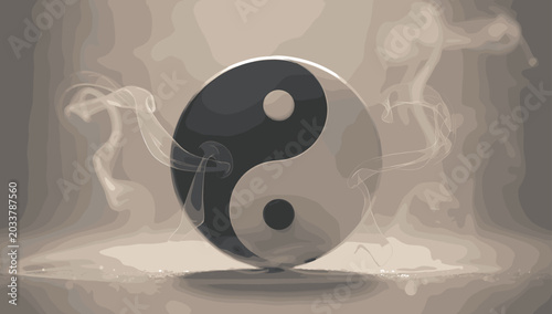 Bilde på lerret Mystical 3D rendered Yin Yang symbol with smoke and light, representing balance and harmony in a spiritual setting