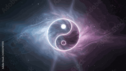 Принти на полотні A vibrant glowing Yin Yang symbol centered against a cosmic background of swirling blue and purple nebulae, representing balance and universal energy