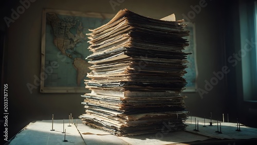 A fortress-like stack of annotated legal folios rising vertically like a defensive tower, representing the accumulated seriousness of interpretation inside a dim strategy room with maps, reference peg