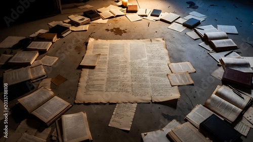 A central sacred law text nearly obscured by accumulated interpretive notes, cross-references, and handwritten inserts, arranged on a scholar’s floor amid circles of study materials and markers of pro