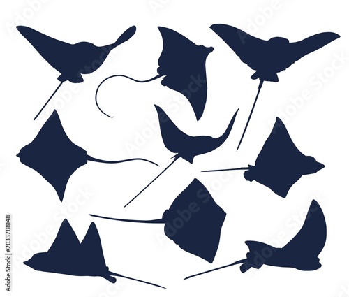 Set of silhouettes of sea rays.