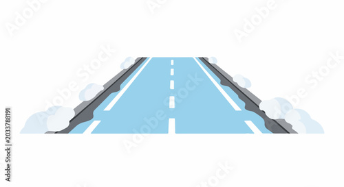 A straight, light blue road with white dashed lines and snow on the sides