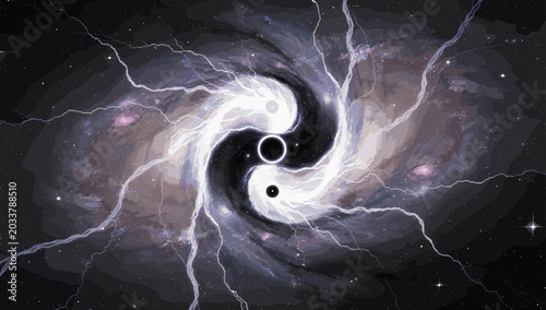 Konstfotografi A cosmic Yin and Yang symbol swirling in a galaxy with lightning, representing universal balance and duality and profound spiritual concepts